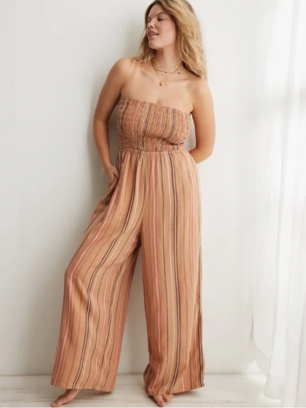 aerie Strapless Smocked Wide-Leg linen blend Jumpsuit - Peach Stripe